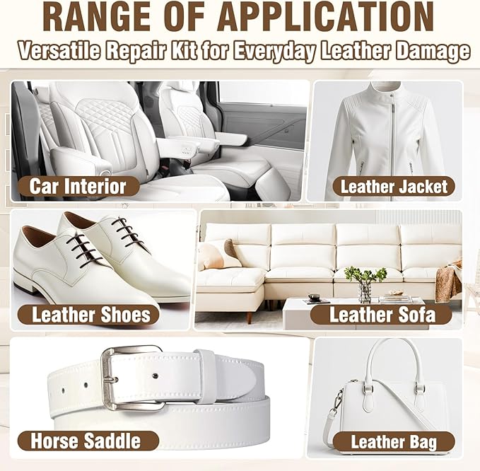 Cream Leather Repair Kit for Furniture, Vinyl Repair Kit for Car Interior, Sofa, Purse and Jacket, Restore Any Material with Super Easy Instructions to Fix Scratches, Tears, Holes, Peeling