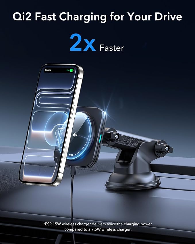 ESR for Qi2 15W MagSafe Car Mount Charger, for MagSafe Car Charger, Suction Cup Magnetic Wireless Car Charging, Dashboard Car Phone Mount for iPhone 17/16/15/14/13/12, S25, Pixel 10, Fast Charging