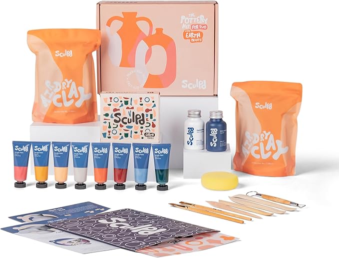 Sculpd - The Original Pottery Kit - Complete Air Dry Clay Kit for Adults Includes Sculpting Tools, Varnish, Paint Brushes, Guides, Arts & Crafts Sets, Gloss Varnish with Earth Tones