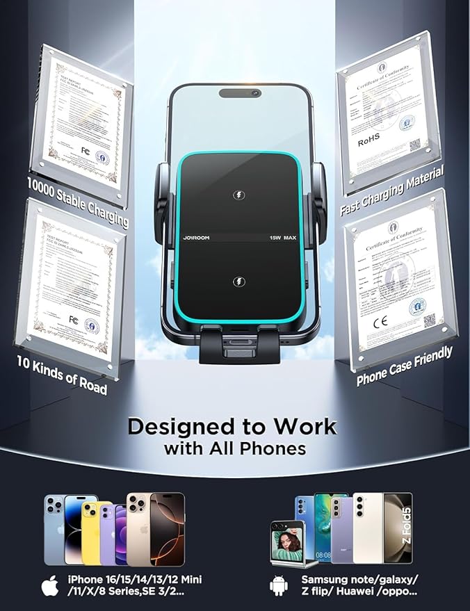 JOYROOM Wireless Car Charger Mount【Dual Coil】 Car Phone Holder Charger with Auto Smart Clamping Alignment for iPhone 16 Pro Max 15 14 13 12 11 Pro Max, Samsung Flip, Galaxy S24/S24/S22/21Ultra
