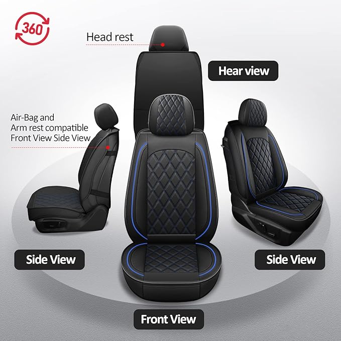 MIROZO Seat Covers Full Set, Car Seat Covers Blue Faux Leather Seat Covers Automotive Seat Covers Car Seat Protector for SUV Pick-up Truck Sedan,Driver Seat Cover Universal Fit (Black and Blue)