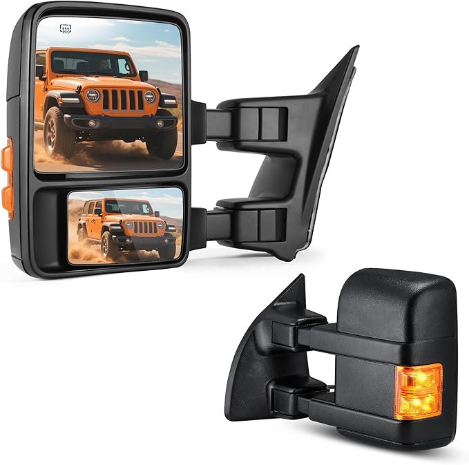 DWVO Towing Mirrors compatible for 99-07 F250/F350/F450/F550 Super Duty Power Heated with Amber Turn Signal Light Side Tow Mirror A Pair