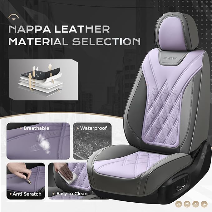 Coverado Car Seat Covers Full Set, Seat Covers for Cars, Waterproof Leather Automotive Seat Cover, Universal Car Interior Protectors Cushion for Most Cars Gray_Pruple