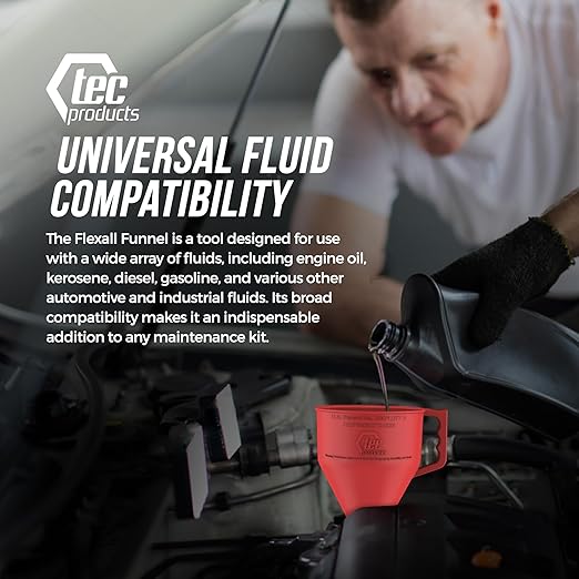 TEC Products FlexAll Long Flexible Funnel for Automotive Use - Durable Nitrile Rubber - Ideal for Car Oil Change, Transmission Funnel Fluid, Diesel, Fuel, Gas - Made in USA - Red (16 x 5 Inches)