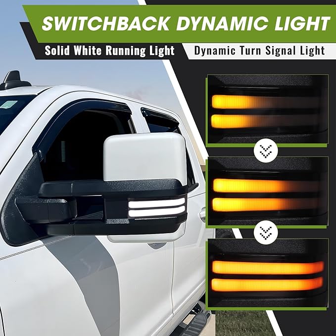 Towing Mirrors for Chevy Silverado/GMC Sierra 1500 (2014-2018), 2500HD/3500HD (2015-2019), Switchback Dynamic Turn Signal/Running Lights Power Heated (Painted White)