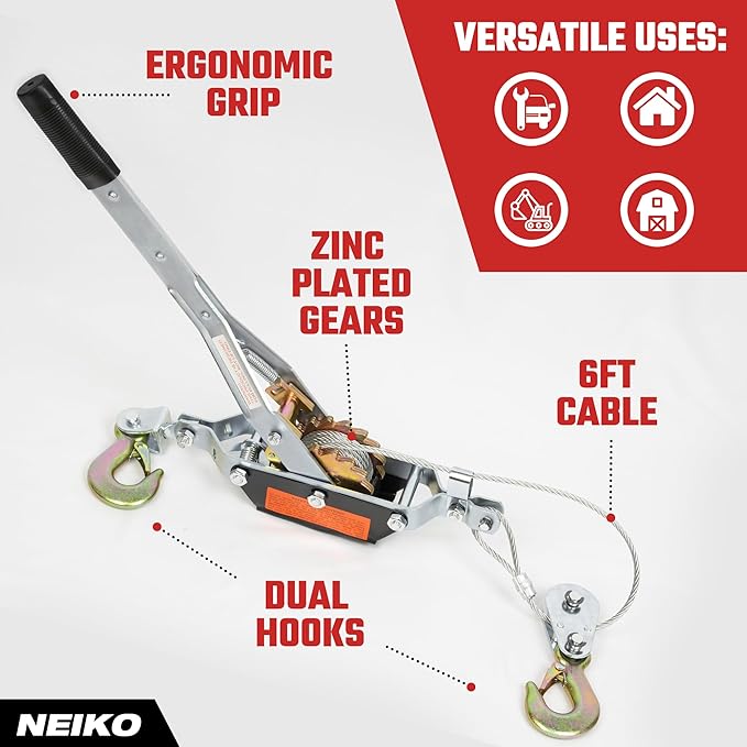NEIKO 02252A Come Along Winch, 2-Ton (4000 Lbs) Pulling Capacity, 7.2 Ft, 2 Hook, Heavy Duty Power Cable Come Along Tool with Dual Gears, Hand Winch Cable, Automotive Hoist Winch Puller, Recovery Gear