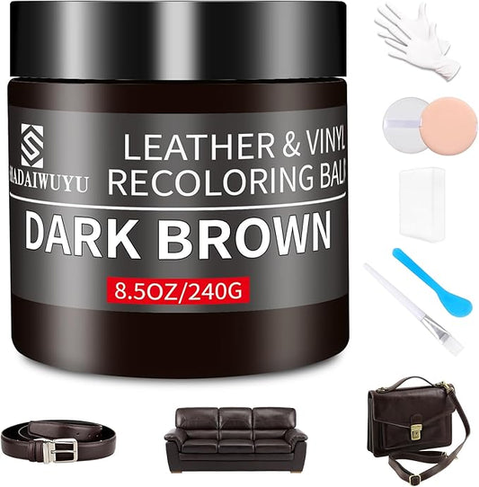 Leather Recoloring Balm,8.5oz Leather Color Restorer,Dark Brown Leather Repair kit for Furniture and Car Interior,Leather Couch Scratch Repair,Leather Dye Paint for Faded,Cracked and Damaged Leather