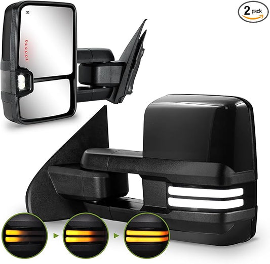 Towing Mirrors for Chevy Silverado/GMC Sierra 1500 (2014-2018), 2500HD/3500HD (2015-2019) Switchback Dynamic Turn Signal/Running Lights Power Heated (Painted Black)