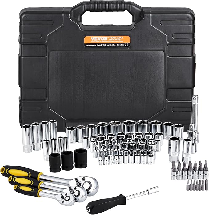VEVOR 121-Piece Mechanics Tool Set - 1/4" 3/8" 1/2" Drive Sockets - SAE and Metric Mechanic Tool Kit with Bits - Ratchet Handle, Wrenches, Accessories, and Plastic Storage Case for Automotive Repair