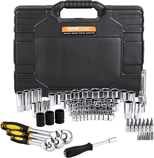 VEVOR 121-Piece Mechanics Tool Set - 1/4" 3/8" 1/2" Drive Sockets - SAE and Metric Mechanic Tool Kit with Bits - Ratchet Handle, Wrenches, Accessories, and Plastic Storage Case for Automotive Repair