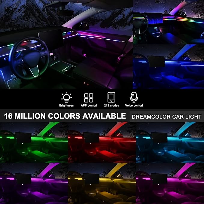 Dreamcolor Acrylic Interior Car LED Strip Light with Wireless APP, RGB 18 in 1 with 175 inches 593 LEDs Fiber Optic Ambient Lighting Kits, 16 Million Colors Sound Active Function Car Neon Lights