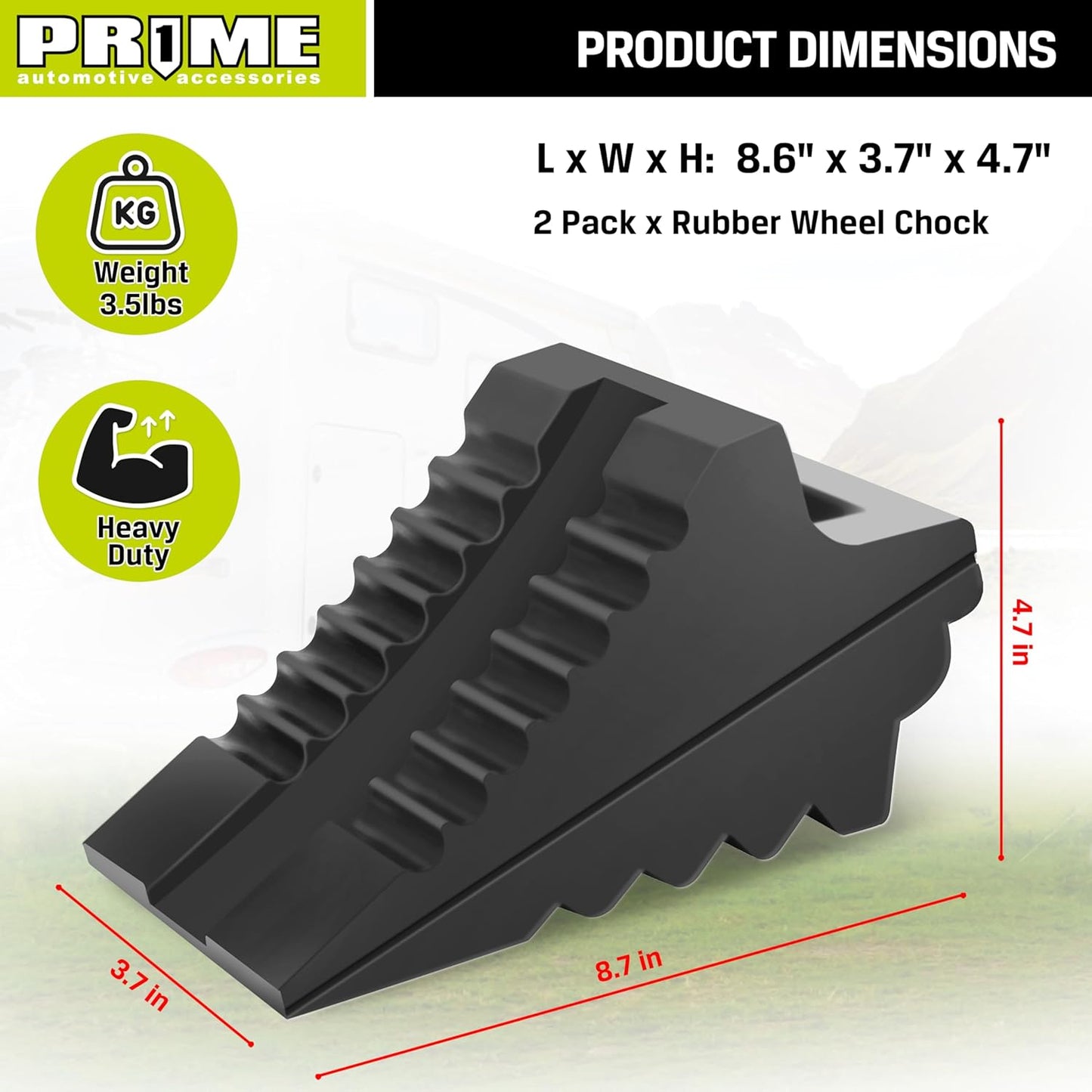 PR1ME Heavy Duty Rubber Wheel Chocks, Rubber Tire Blocks, RV Solid Rubber Wheel Wedge Blocks, 2 Pack Black 8.6" x 3.7" x 4.7", Carrying Handle, for Travel Trailer, Camper, RV, Truck