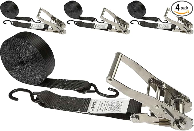 US Cargo Control Stainless Steel Ratchet Straps with S-Hooks (4-Pack), 2 Inch x 10 Foot, 2,500 LBS Break Strength, Marine Tie Down Straps for Boats, ATVs, Trees, Camping, Snow, Saltwater Applications