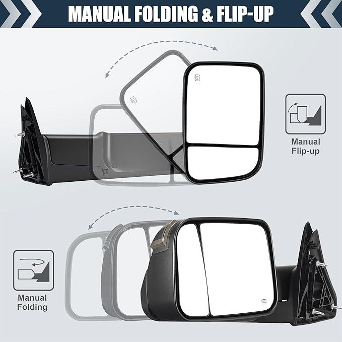 Tow Mirrors Compatible with 2009-2018 Dodge Ram 1500, 2010-2018 2500 3500, Flip Up Extended Trailer Towing Side Mirrors w/Smoked Turn Signal, Power Heated, Black