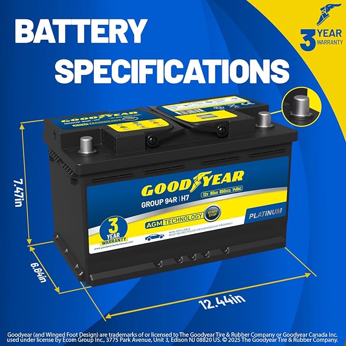 Goodyear 94R-H7-AGM BCI Group Size 94R 12V 80 AH, 140RC, 850 CCA Platinum series Rechargeable AGM Maintenance Free Automotive Battery