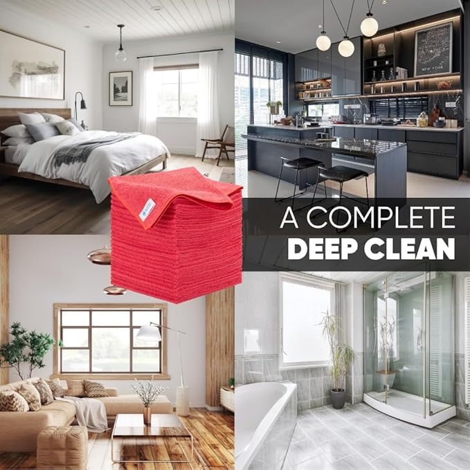 Microfiber Wholesale Bulk 16" x 16" All Purpose Towels Case Quantity (200 Count) | Large | No Fraying | High Density Microfiber | Zero Chemical Cleaner | Long-Lasting (Red)