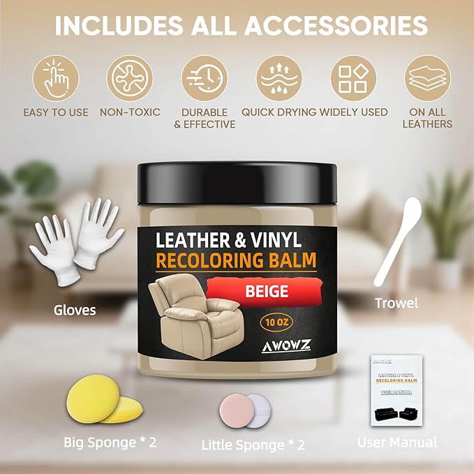 Leather Recoloring Balm - Scratch Repair & Color Restore Kit for Faded Leather, Couch & Car Seats - 10OZ Restorer Balm for Furniture, Auto Interior, Vinyl, Accessories (Beige)