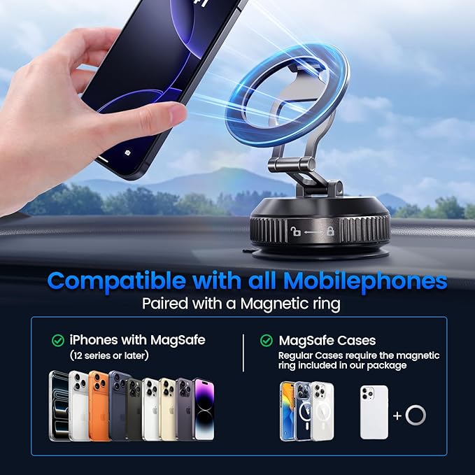 Tri-Folding Car Phone Holder for Magsafe[80+LBs Strongest Suction & 2850gf Strongest Magnetic], 360°Adjustable Phone Holders for Car, Suction Cup Phone Mount for iPhone17Pro Max /16/15/14Series，Black