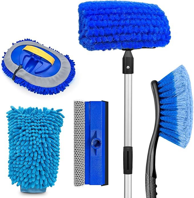 65'' Car Wash Brush with Long Handle, Scratch-Free Car Cleaning Kit with Soft Wash Brush, Tire Brush, Window Squeegee, Car Wash Mitt, Microfiber Cleaning Head & Extension Pole