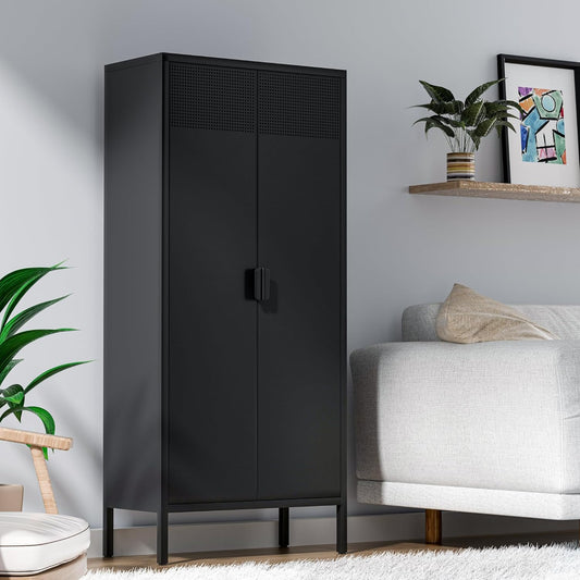 Metal Storage Cabinets with Adjustable Shelves，Pantry Kitchen Storage Cabinets，Floor Storage Cabinet for Kitchen, Laundry Room, Home Office, Kids Room (Black, 61''H)