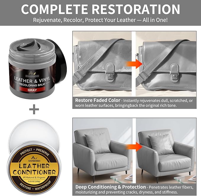 Leather Recoloring Balm with 100ml Mink Oil, Gray Leather Repair Kit and Scratch Remover for Furniture, Car Seats, Sofas, Dye & Restorer for Couches, Vinyl, PU, Faux