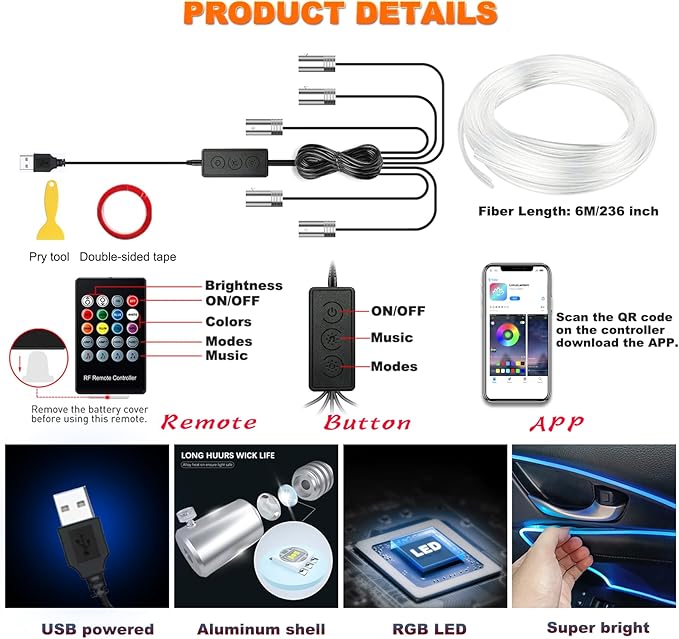 Car LED Lights, Interior Car Lights with Wireless APP/RF Remote/Button Control, Car Ambient Lighting Kit with 236" Integrated Molding Fiber Optic RGB Sync to Music (USB)