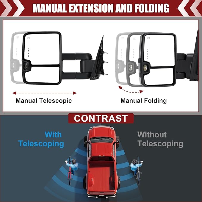 Tow Mirrors Compatible with 2014-2018 Chevy Silverado GMC Sierra, Extended Trailer Towing Side Mirrors with Sequential Switchback Turn Signal, Backup Light, Power Heated Adjustable, Chrome