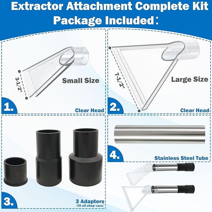 Happy Tree Universal Fit All Brands' Shop Vacs with 2-1/2"&1-7/8"&1-1/4" Adapter Clear Extractor Accessory for Upholstery & Carpet Cleaning & Car Detailing, Shop Vac Extractor Attachment Hose Kit