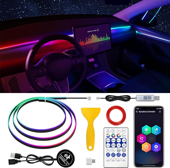 Dreamcolor Acrylic Interior Car LED Strip Light with Motion Sensor Switch, 55.1 inches Neon LED Strip Light, RGB Colors Ambient Lighting Kits