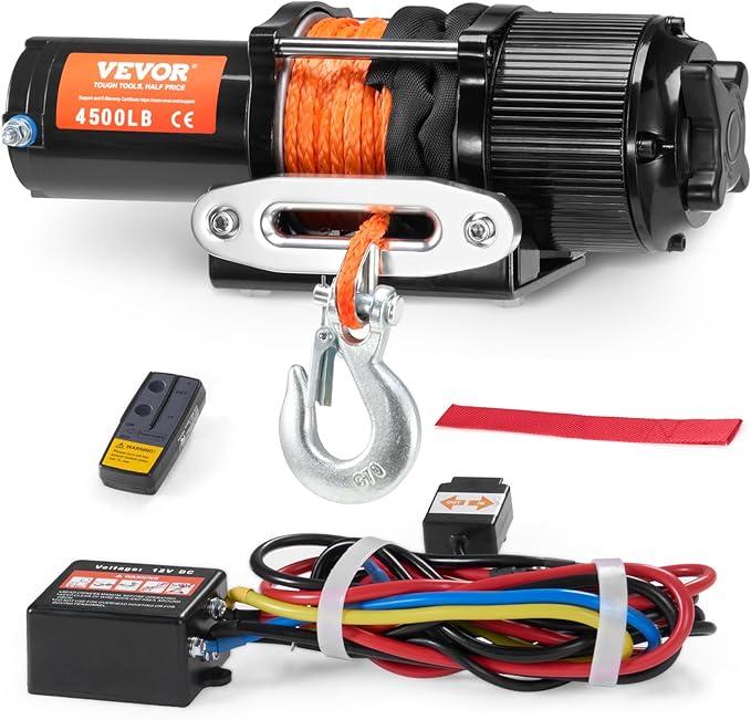 VEVOR ATV Winch, 4500 lb Electric Winch with Synthetic Rope, 12V DC ATV UTV Winch 1/4 in x 39 ft Aluminum Fairlead Wired Remote Control, IP55 Waterproof for Towing Boat Off Road Recovery