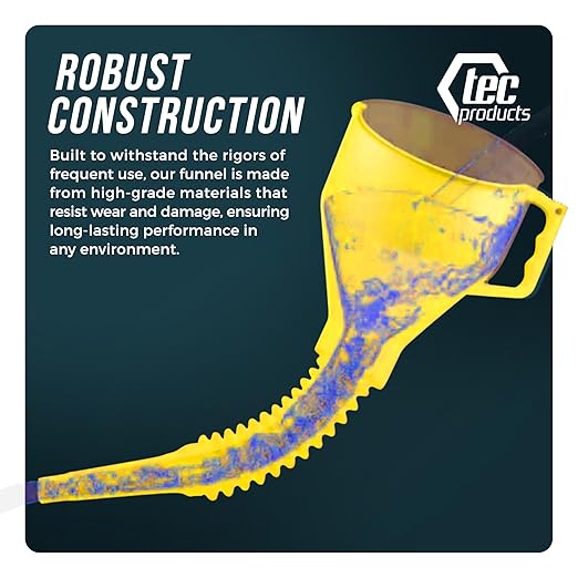 TEC Products FlexAll Long Flexible Funnel for Automotive Use - Durable Nitrile Rubber - Ideal for Car Oil Change, Transmission Funnel Fluid, Diesel, Fuel, Gas - Made in USA - Yellow (16 x 5 Inches)