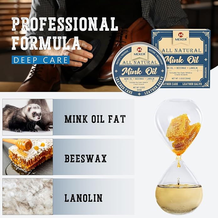 MEKER Mink Oil, Mink Oil for Leather Boots, All-Natural Leather Conditioner with Sponge, Restore Shoes, Jackets, Hats, Baseball Gloves, Saddles and Harnesses, 3.52oz