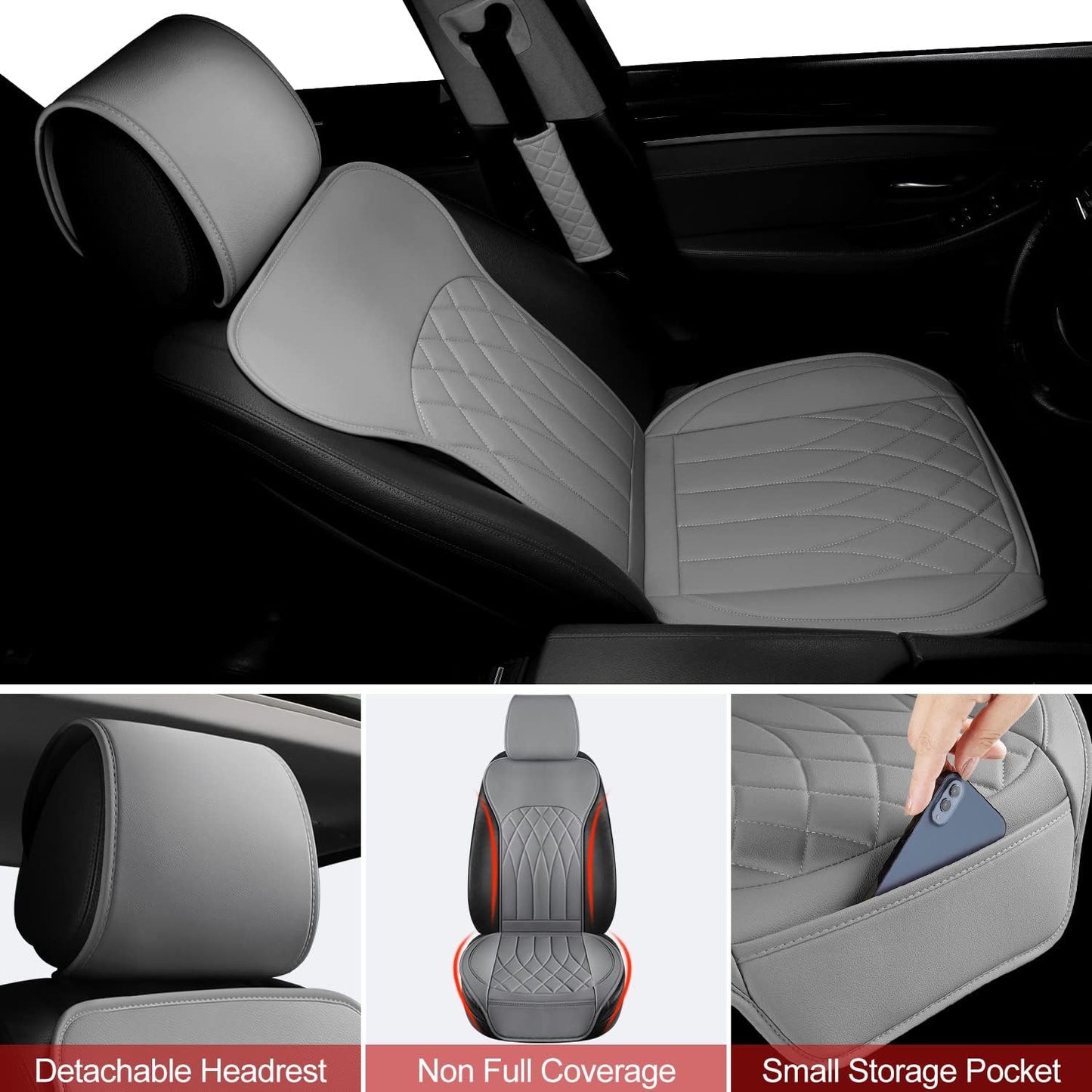 2 Pack Leather Front Car Seat Covers, Universal Sideless Car Seat Protectors with Storage Pocket and Seat Belt Pads, Waterproof Automotive Seat Cover for Cars Trucks SUV(Grey)