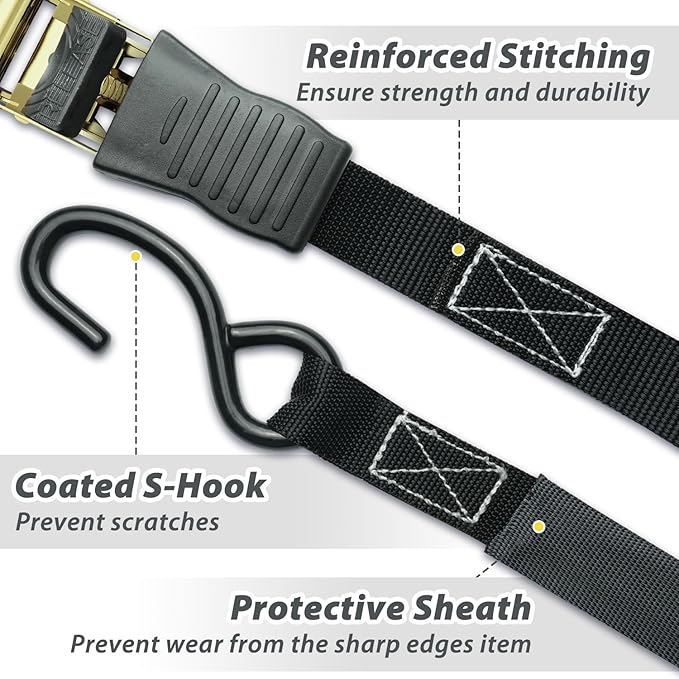 Ratchet Tie Down Strap 8-Pack 15 Ft - 500 lbs Load Cap with 1500 lbs Breaking Limit, Ohuhu Ratchet Tie Downs Logistic Cargo Straps for Moving Appliances, Motorcycle, Black