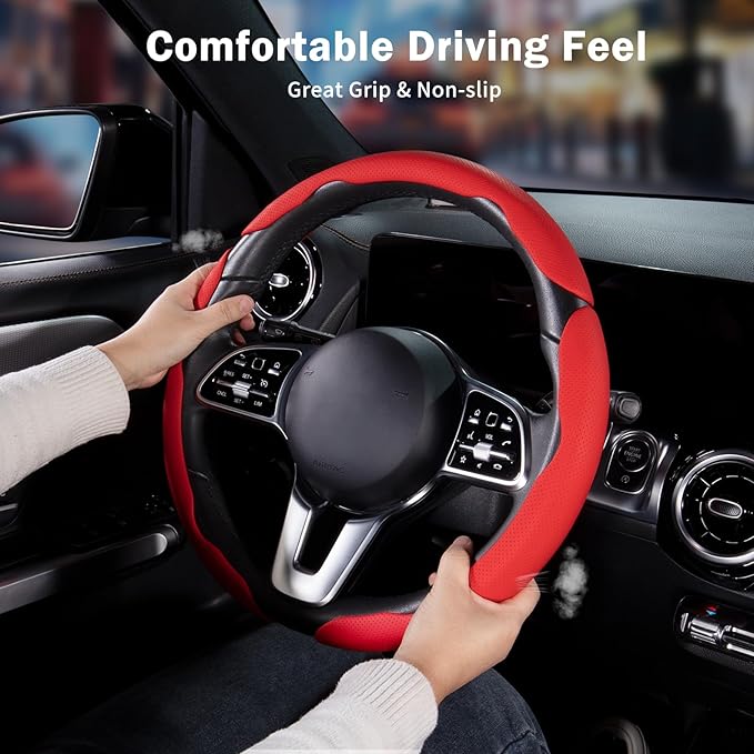 Nappa Leather Car Steering Wheel Cover for Men Women, Ultra-Thin Non-Slip Breathable Microfibre, Universal for 14.5"-15" Steering Wheel - Red