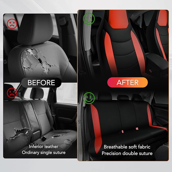 Road Comforts Car Seat Cover, Leather Seat Cover Full Set, Automotive Interior Seat Covers, Universal Fit for Most Cars, SUVs, Trucks, and Vans, Airbag Compatible (Red)