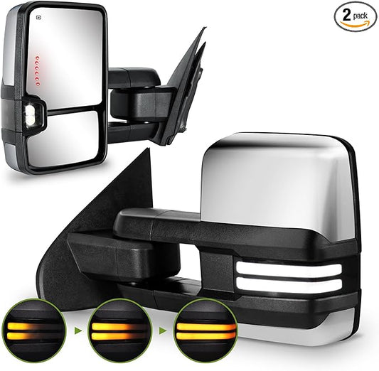 Towing Mirrors for Chevy Silverado/GMC Sierra 1500 (2014-2018), 2500HD/3500HD (2015-2019) Switchback Dynamic Turn Signal/Running Lights Power Heated (Chrome)