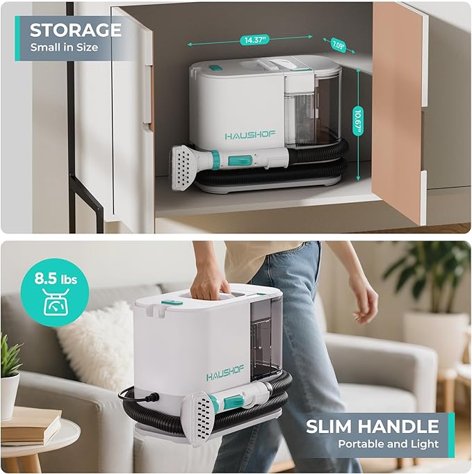 HAUSHOF Portable Carpet Spot and Upholstery Cleaner Machine, 13Kpa Powerful Suction & Spot Remover, Deep Stain Cleaning for Rug, Carpet, Car Seats, Pets, Stairs, Couches, with Cleaning Solution