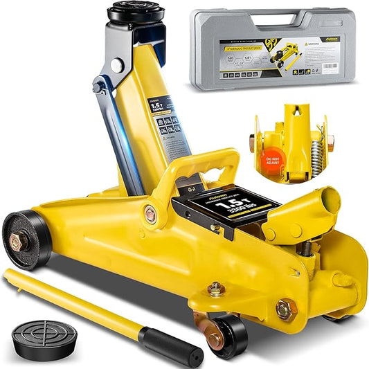 2 Ton (4000 lbs) Low Profile Hydraulic Trolley Floor Jack Kits with Solid Storage Case and Rubber Pad, Portable Car Floor Jack with Lifting Range 4.9"-11.8", for Auto, Yellow