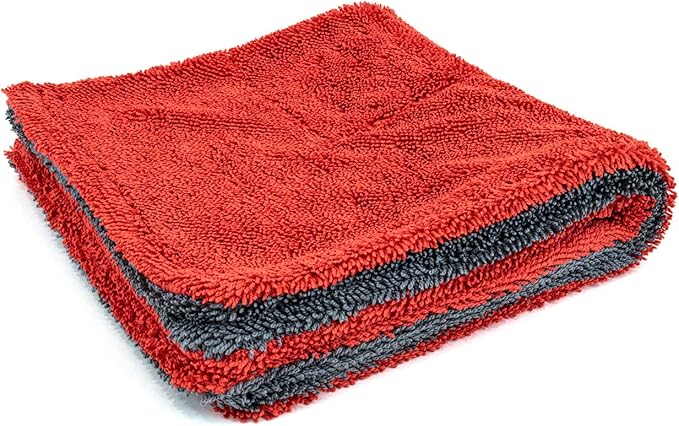 Autofiber Dreadnought Jr. Microfiber Towel, Superior Absorbency for Drying Cars, Trucks, and SUVs, Double-Twist Pile, One-Pass Vehicle-Drying Towel - Pack of 1, Red/Gray (16 inch x 16 inch)