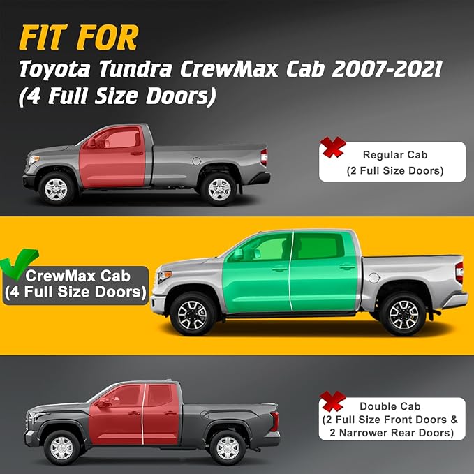 Running Boards Side Steps Compatible with Toyota Tundra 2007-2021 CrewMax Cab, Two Stairs Drop Design Style Side Step Rails, Bed Access Carbon Steel Powder-Coated Black Nerf Bars