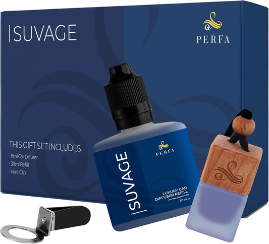 Suvage Gift Set with Refill Bottle | Automotive Air Fresheners with Sauvage Fragrance | Strong Car Perfume | Odour Eliminating Car Air Fresheners by Perfa