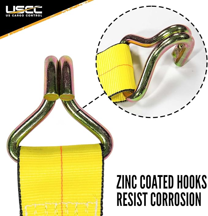 US Cargo Control 4 Inch x 20 Foot Heavy Duty Yellow Ratchet Strap with Wire Hooks, 2 Pack