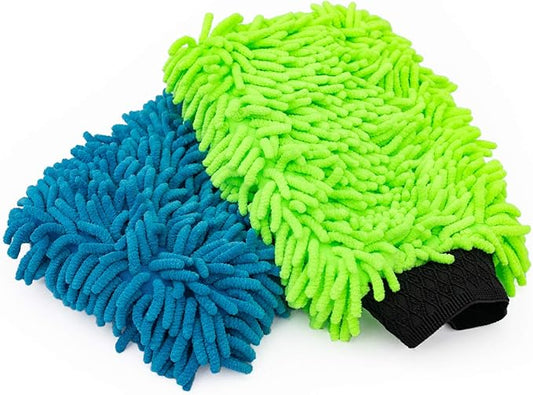 The Rag Company - Premium Chenille Microfiber Knobby Wash Mitts - Perfect for Car Washing and Detailing; Scratch-Free, Lint-Free, Double-Sided, Plush, and Absorbent; Lime Green + Blue (2-Pack)