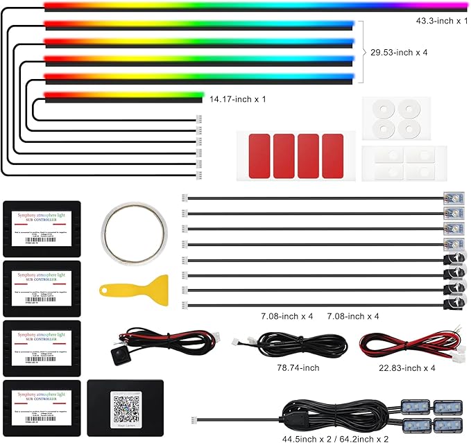 LED Acrylic Car Interior Lights, 18 in 1 Dreamcolor RGB Car Ambient Lighting Kit for Car Include 175-inch Fiber Optic Car Neon Lights String, Led for Footwell, Door Handle, Storage Box