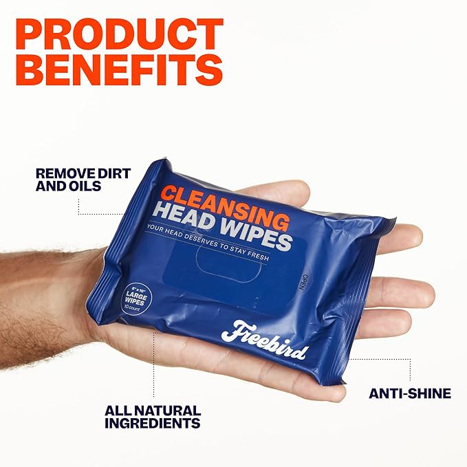 Freebird Head & Body Towelette Wipes for Men - 10ct Large, Rinse-Free Head Towel, Flushable, pH-balanced, Showerless, Perfect for Gym, Camping, Anti-Shine with Natural Aloe, Eucalyptus, Witch Hazel