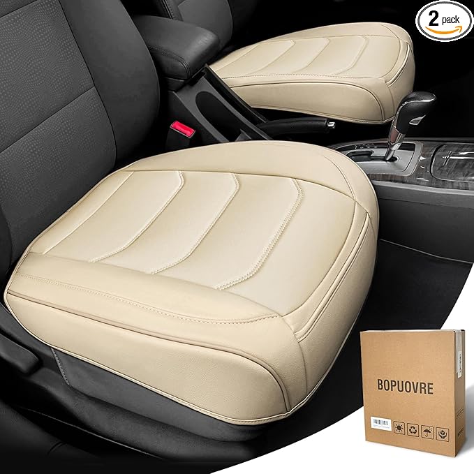 Car Seat Cover for Luxury & Comfort - PU Leather, Anti-Slip, Full Wrap Protection with Storage Pocket for Bottom Cushion - Universal Fit for 95% of Vehicles (Yellowish-White,2 Piece)