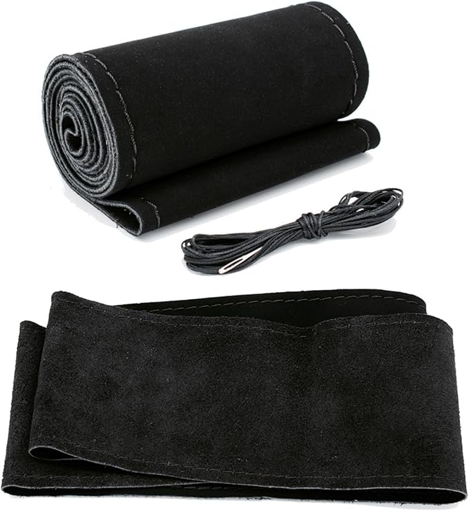 AUTOXBERT 38cm/15 Suede Leather Non-Slip Steering Wheel Cover DIY Hand Sewing Cowhide Leather Skidproof Car Protector with Needle Thread