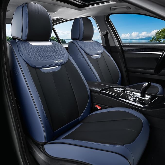 Coverado Front Seat Covers, Breathable Nappa Leather Car Seat Cover, Universal Seat Covers for Cars, Waterproof Car Seat Protector, Driver Seat Cover Fit for Most Cars(Blue&Black)