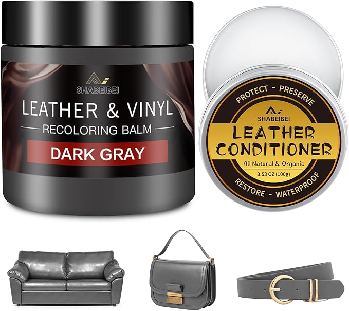 Leather Recoloring Balm with 100ml Mink Oil, Dark Gray Leather Repair Kit and Scratch Remover for Furniture, Car Seats, Sofas, Dye & Restorer for Couches, Vinyl, PU, Faux